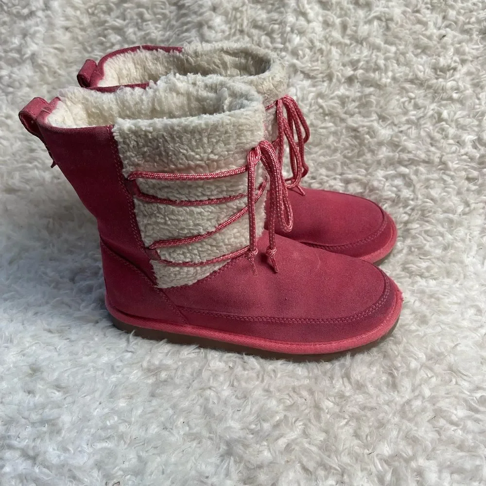 Kookaburra by UGG leather pink Girl winter boots beige fur lace up accent SZ3